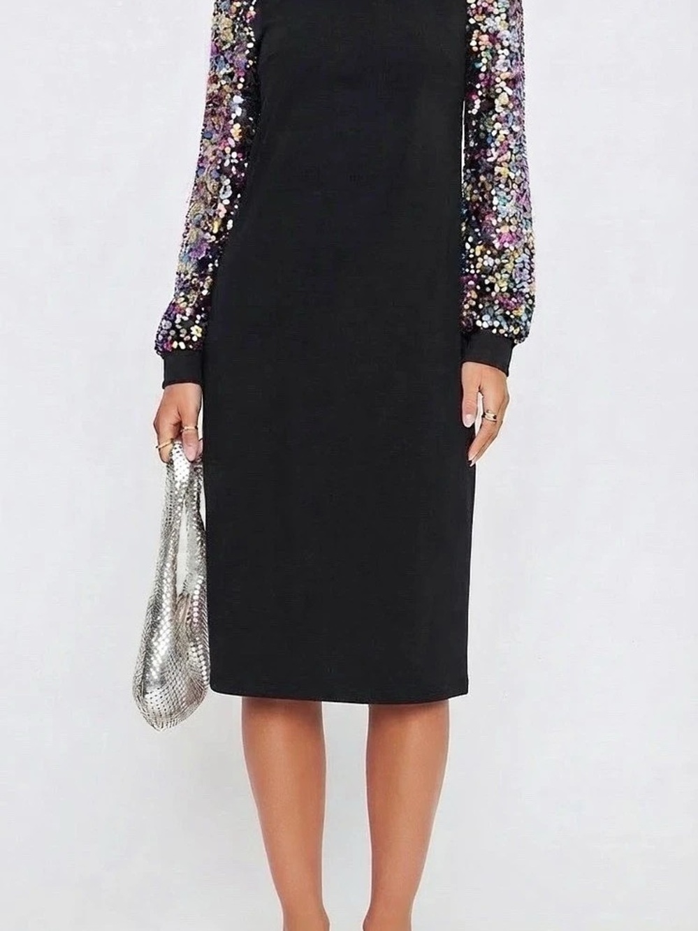 Black Sequin Sleeve Midi Dress